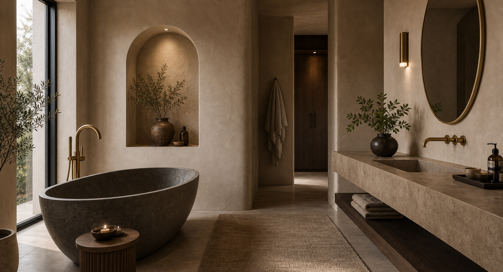 Luxuriöses Badezimmer mit freistehender dunkler Wanne