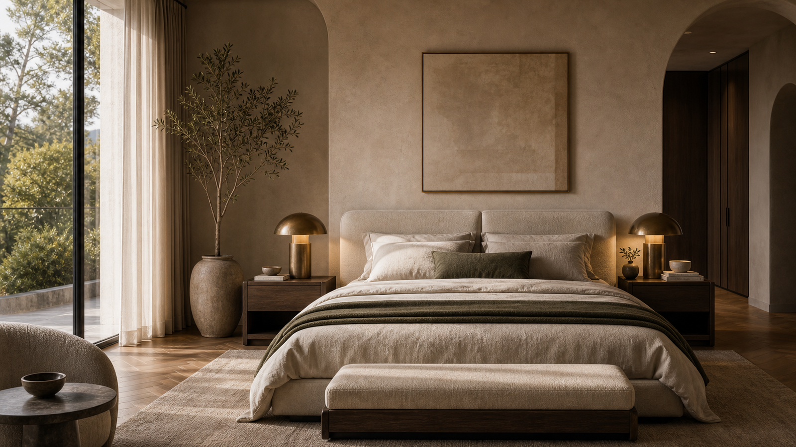 Hochwertiges Schlafzimmer mit heller Stoffgestaltung und warmem Licht